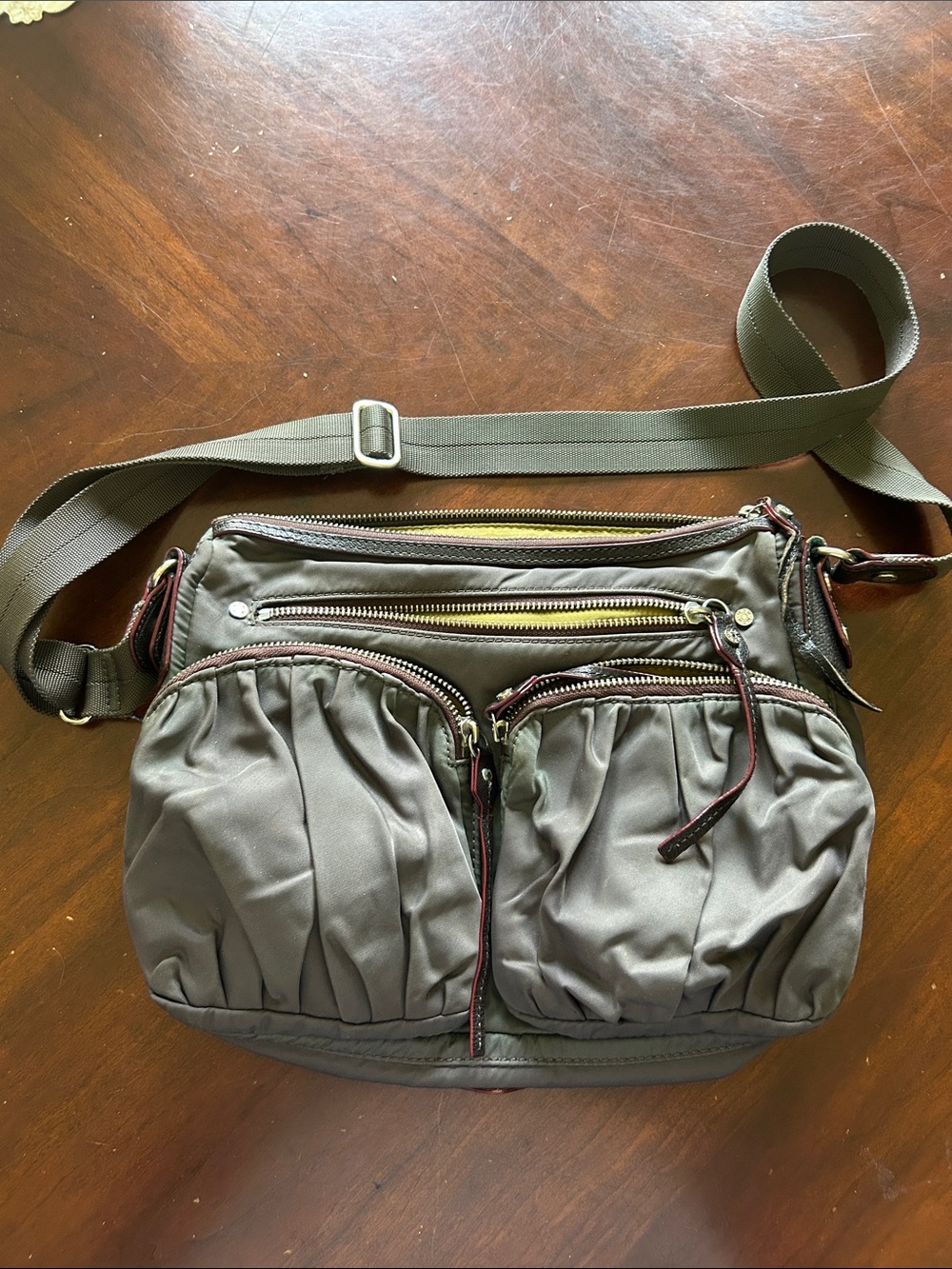 MZ Wallace Olive Green Interior Crossbody with Tan Leather Trim